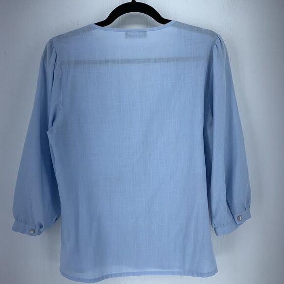 Kemmerer Womens Medium Button Up Blouse Pintuck Floral Appliqué Cottagecore Blue - Picture 6 of 7